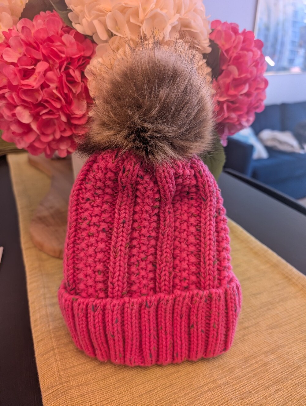 Bright Pink Pom Pom Beanie - Pink Faux Fur Accent